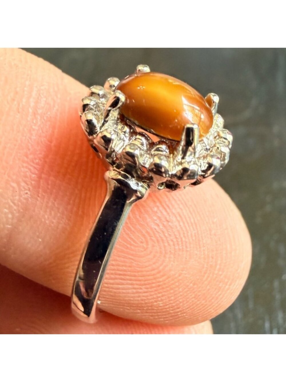 Vintage Tiger Eye Halo Ring Silver Tone 18KT HGE Size 5 - 5.5 1970s‎
